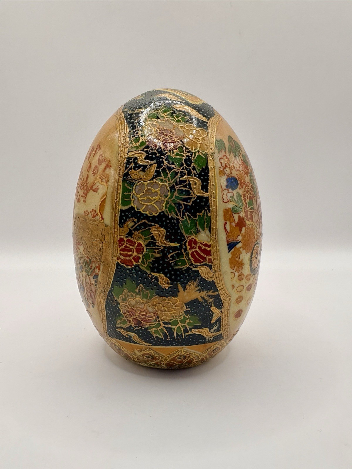 Vintage Satsuma Hand Painted Porcelain Moriage Gold Gilt Floral Landscape Egg