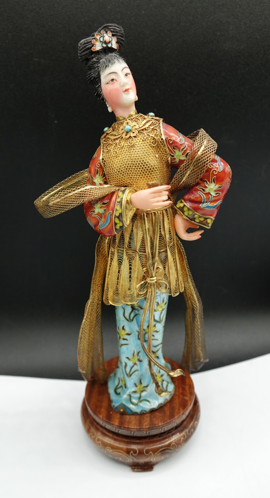 Chinese Empress Meet Leizu Holding a Cup Figure Gilt Silver & Enamel Filigree