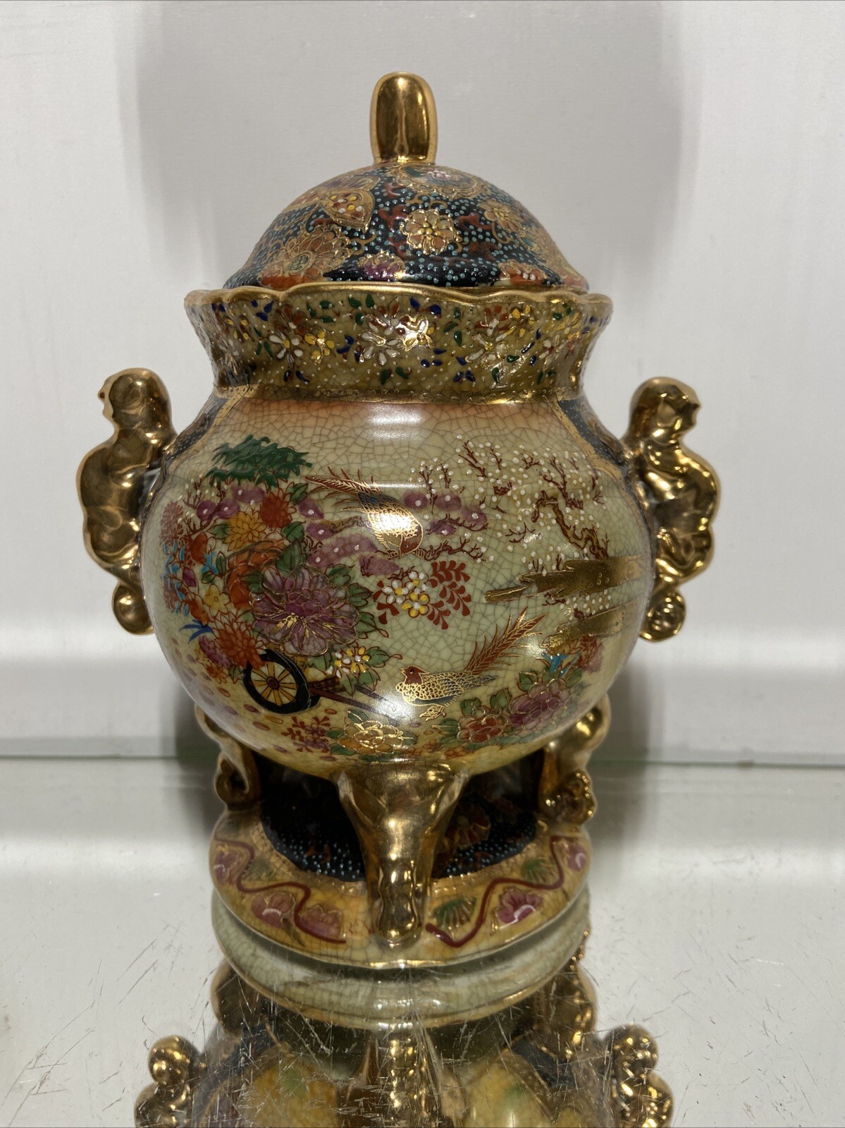 Vintage Royal SATSUMA Footed Pedestal Vase URN Ornate Footed Japanese