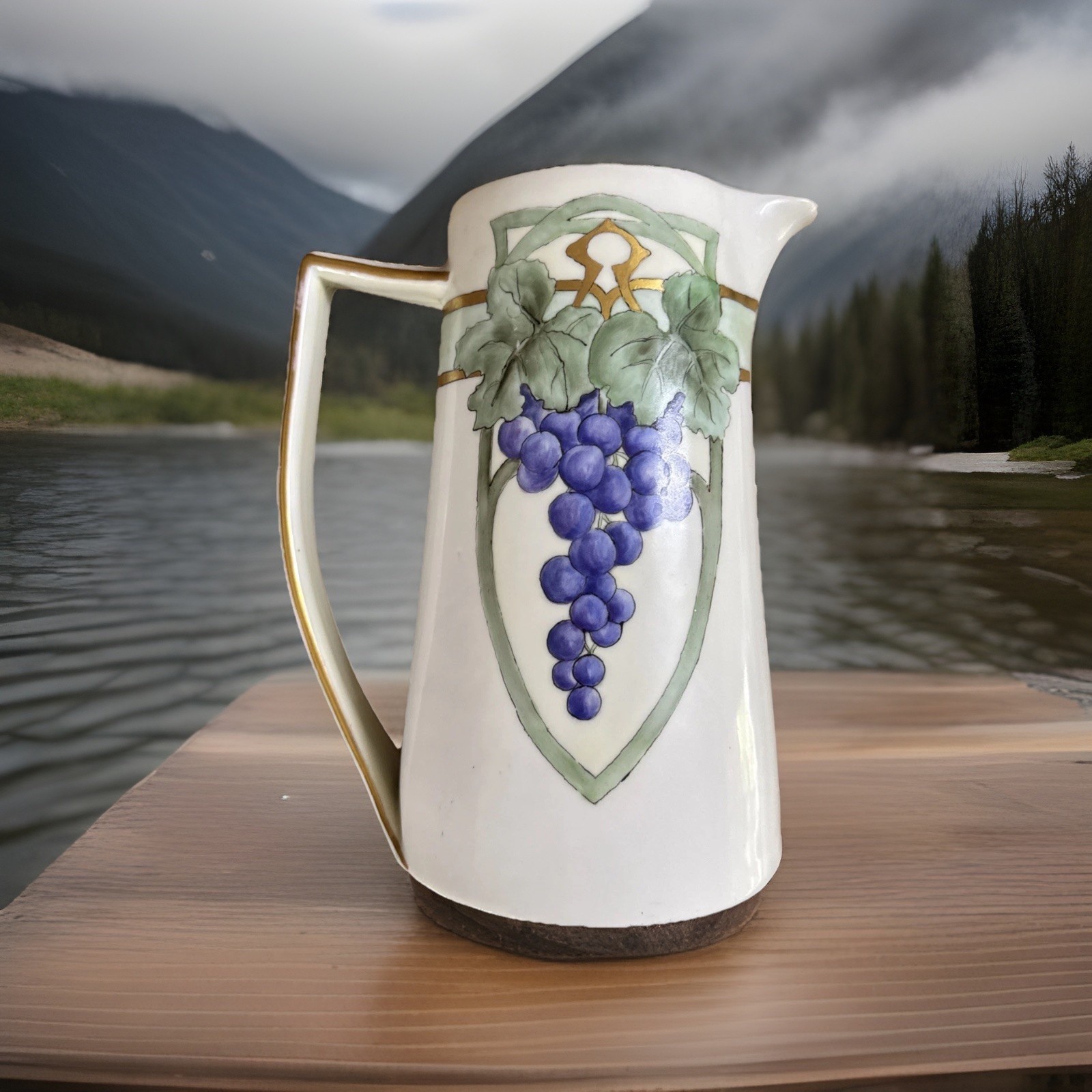 Antique Art Nouveau Deco Austria Hand Painted Grape Gold Gilded Pitcher Signed