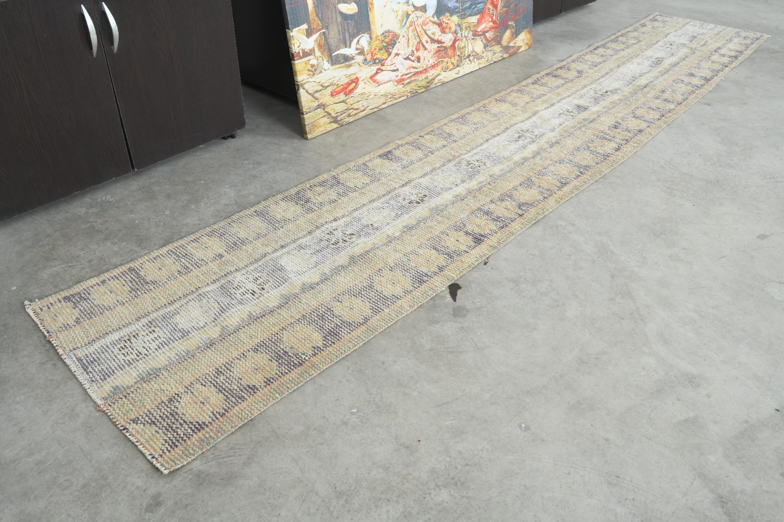 Faded Turkish Runner Rug 2×10 ft Handwoven Neutral Vintage Narrow Runner,220