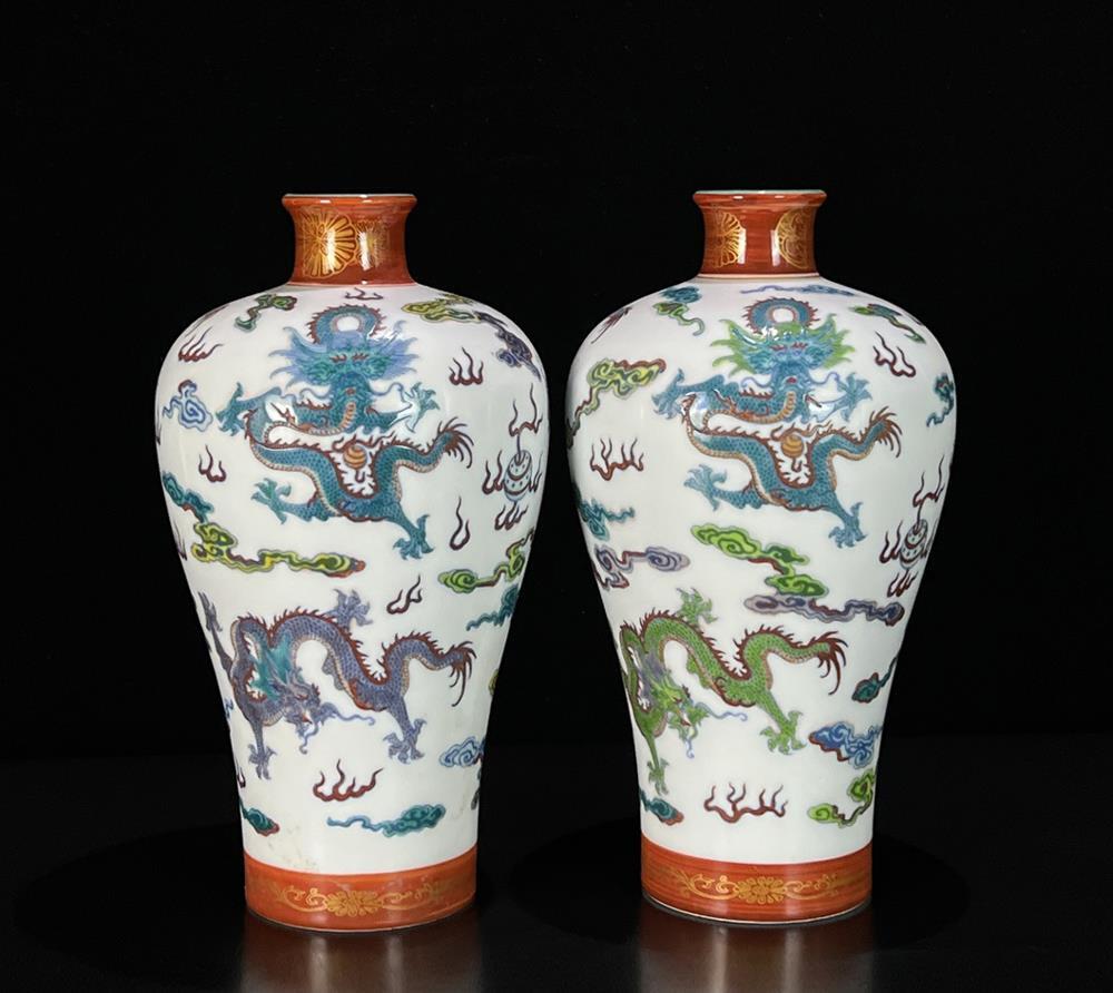 Pair Yongzheng Signed Old Chinese Doucai Vase W/ dragon N484