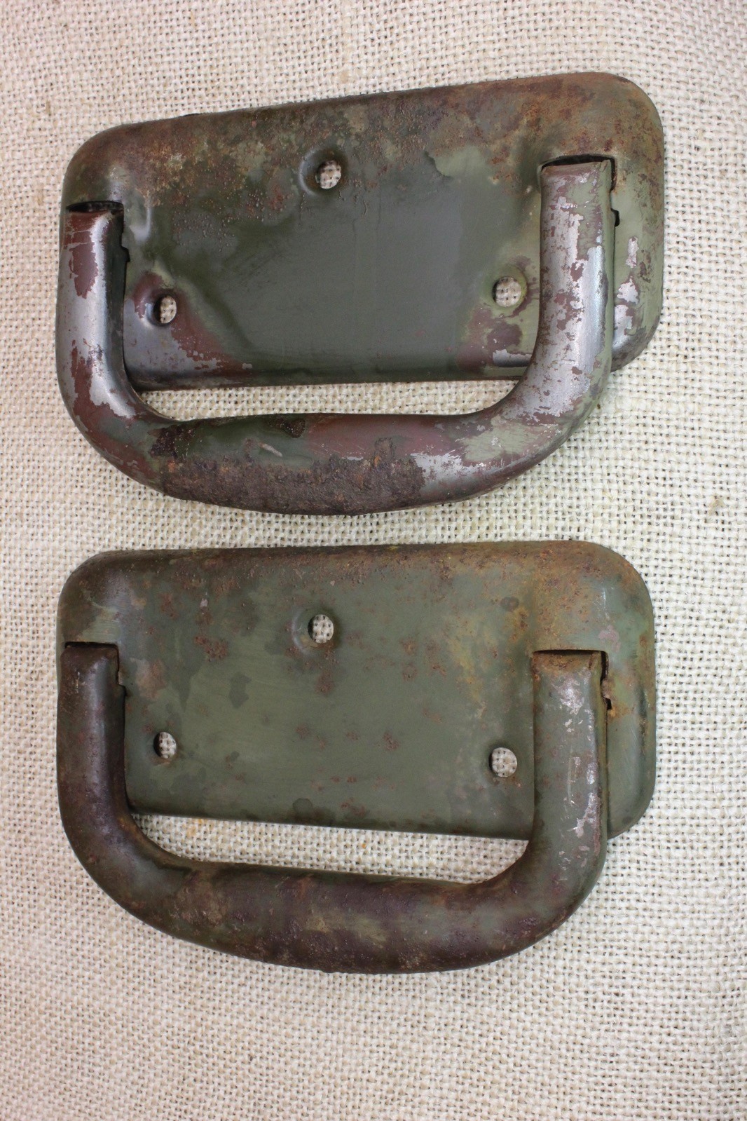 2 Old Tool Box Drop Handles Pulls Industrial Army Green vintage 1960 HEAVY Rust
