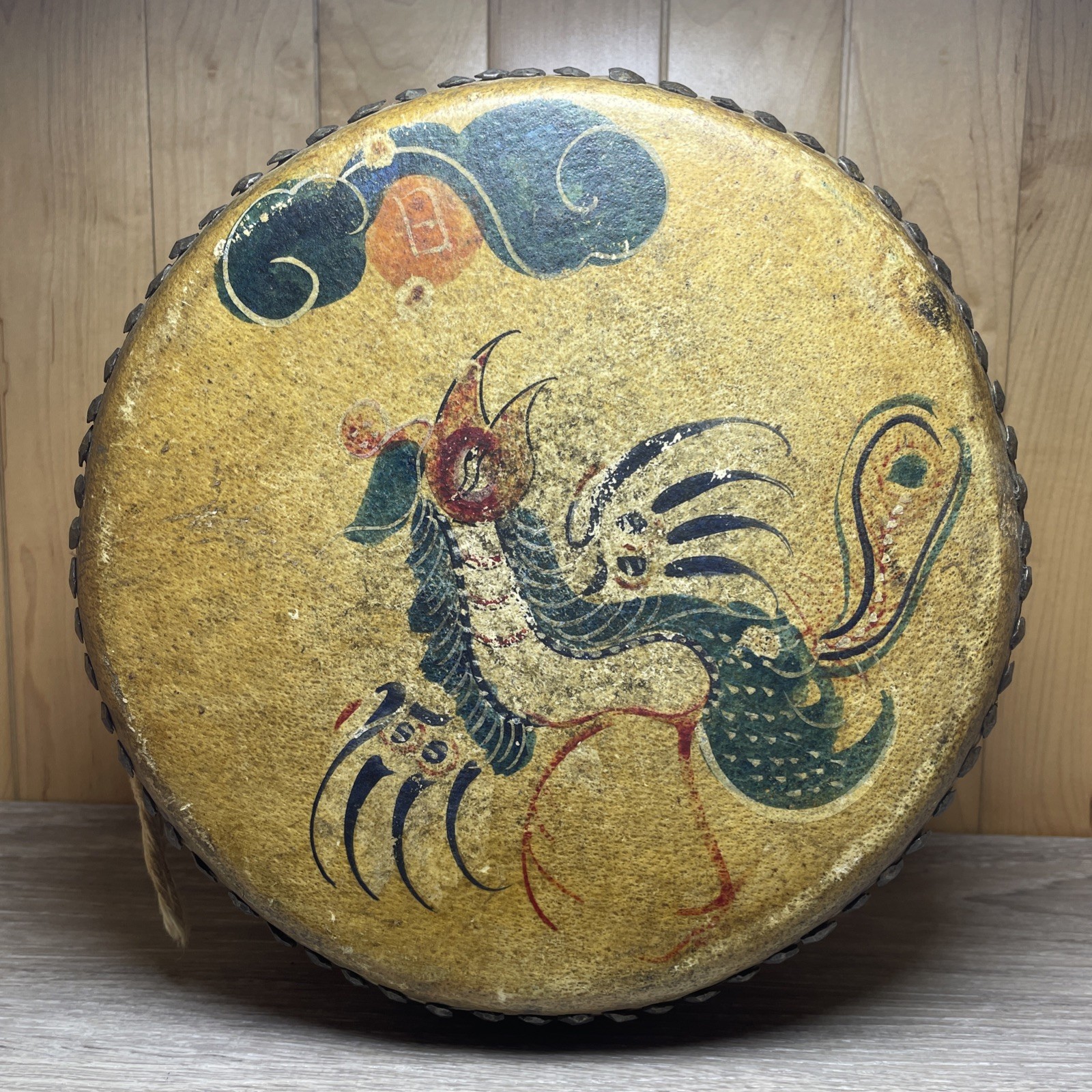 Authentic Antique Chinese Hand Painted Leather & Wood Tack Dragon Tom Tom Drum C