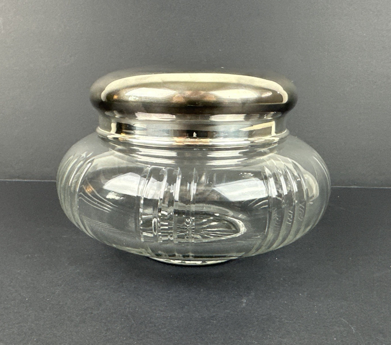 Vintage Cut Glass Dresser Table Vanity Jar Jewelry Box Silver? Lid 6×4″