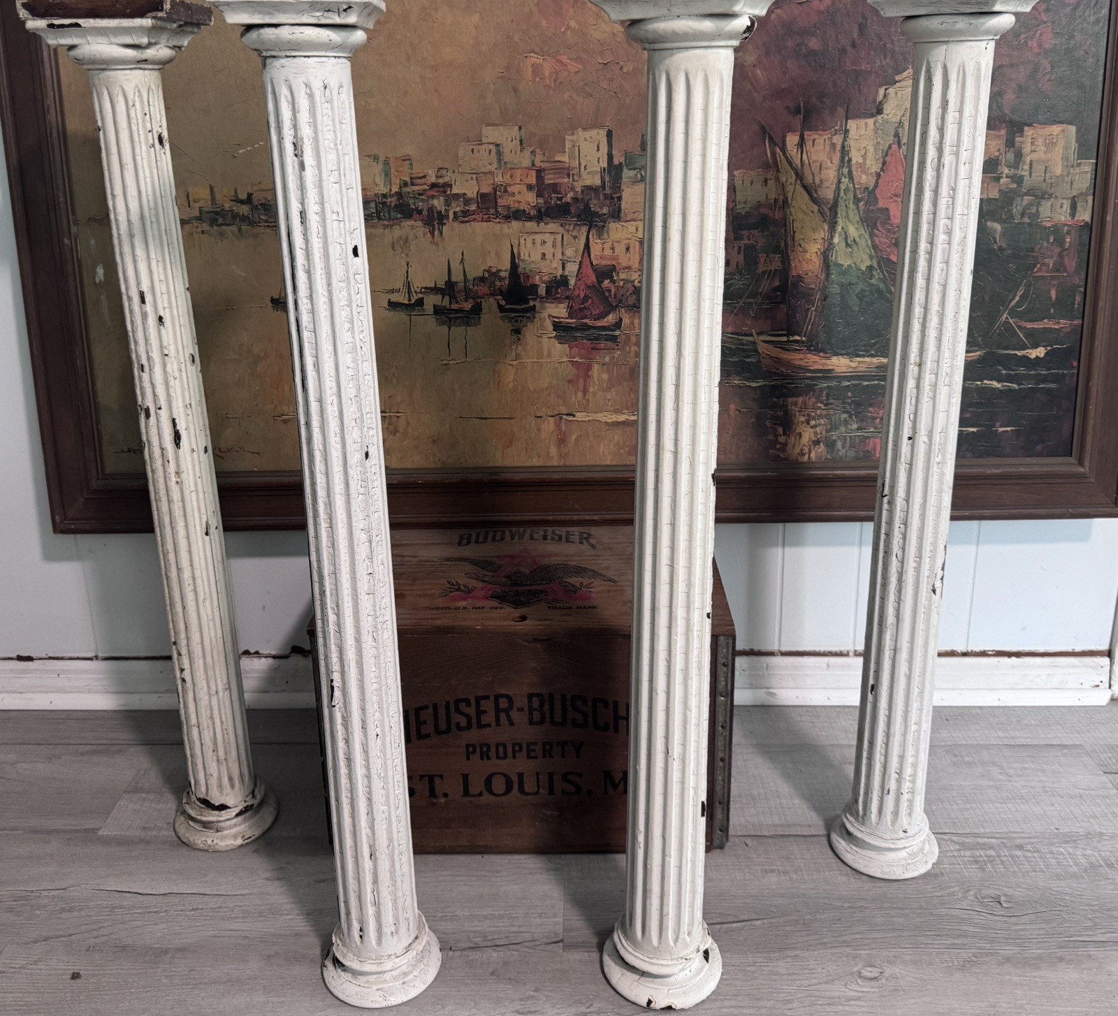 4 unique distressed reclaimed, mahoganyWood Columns 35 1/2 height5”To 4 1/2” w