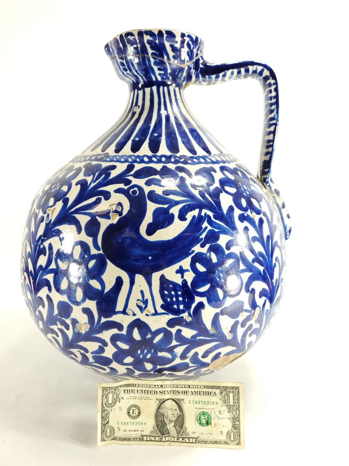 Large Antique Spanish Pottery Fajalauza Jug with Bird Decoration – as is