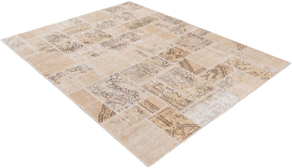 Patchwork 205×156 cm Hand Knotted Oriental Rug Beige Vintage Carpet