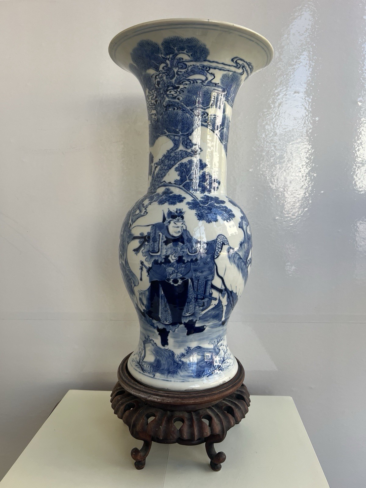 Large Chinese Qing Blue & White Phoenix‑Tail Vase – Zhao Yun &Woodcutter Farmer