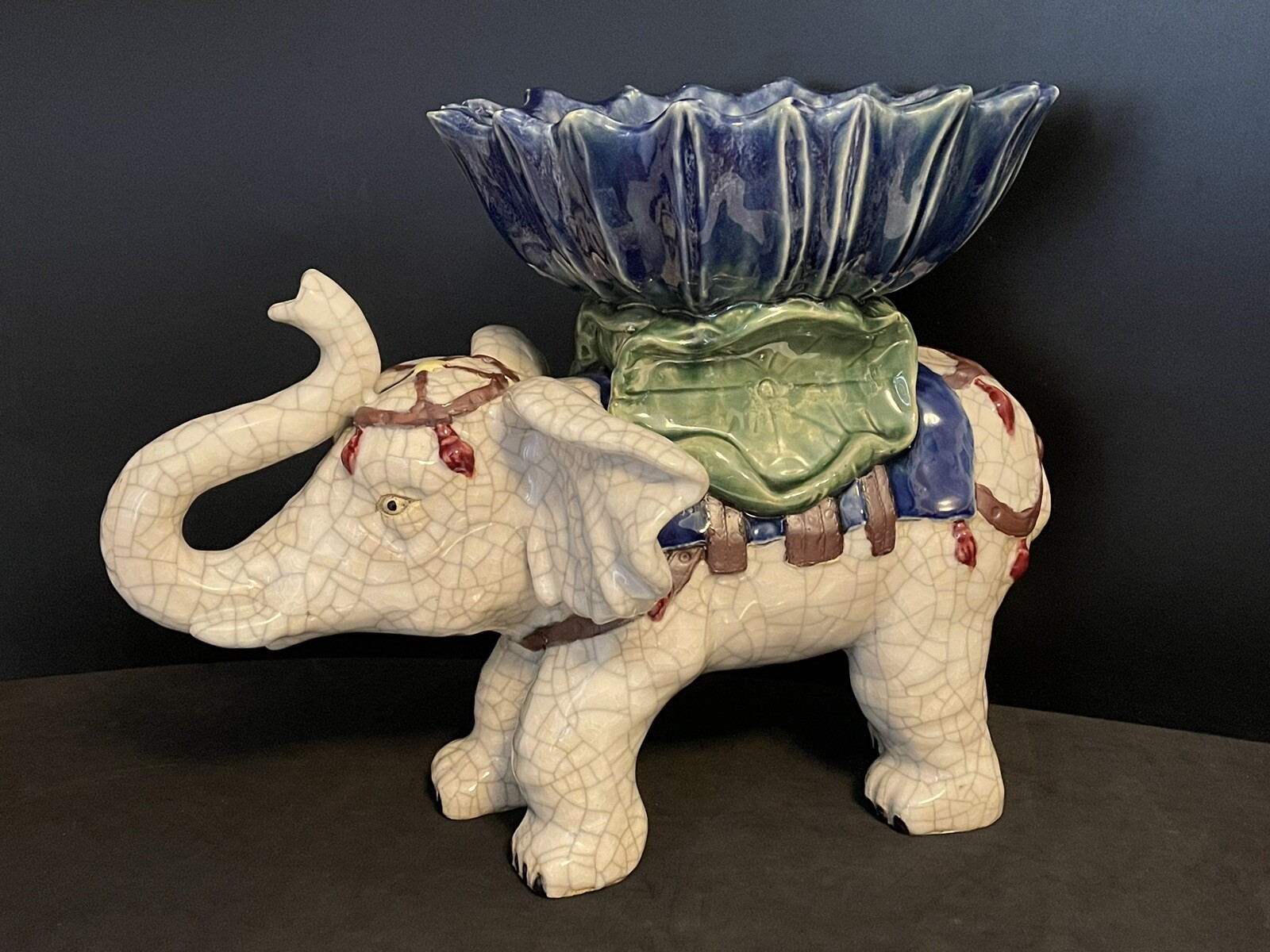 Chinese Raku Elephant Statue Lotus Planter Bowl White Crackle Glaze 16x12x9