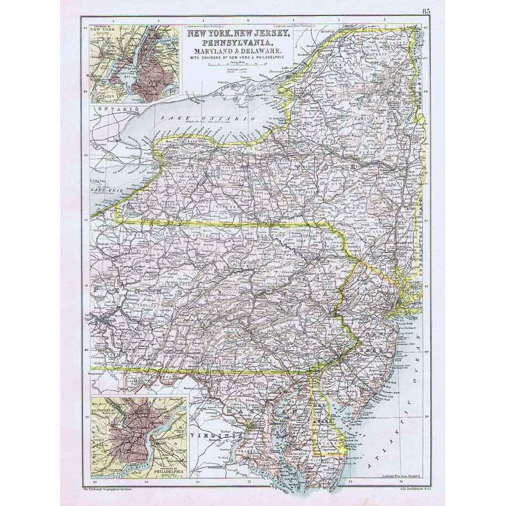USA NEW York, New Jersey & Pennsylvania, Maryland, Delaware – Antique Map 1891