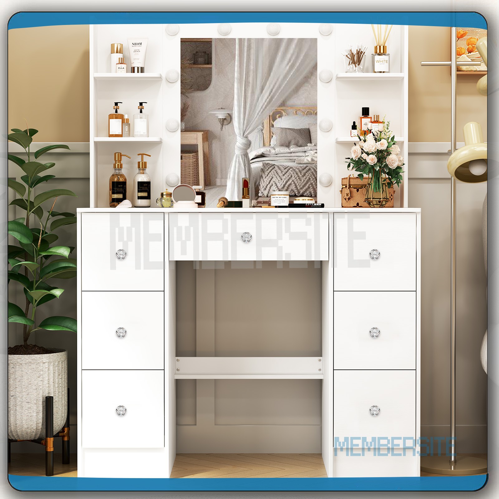 Large Makeup Vanity Table Set w/LED Lights Mirror ,7 Drawers and 6 Open Shelves