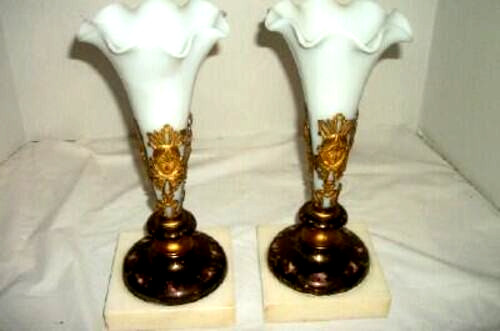 1870s French Bronze Faces Epergne Empire Neoclassical Opaline Glass Marble Pair