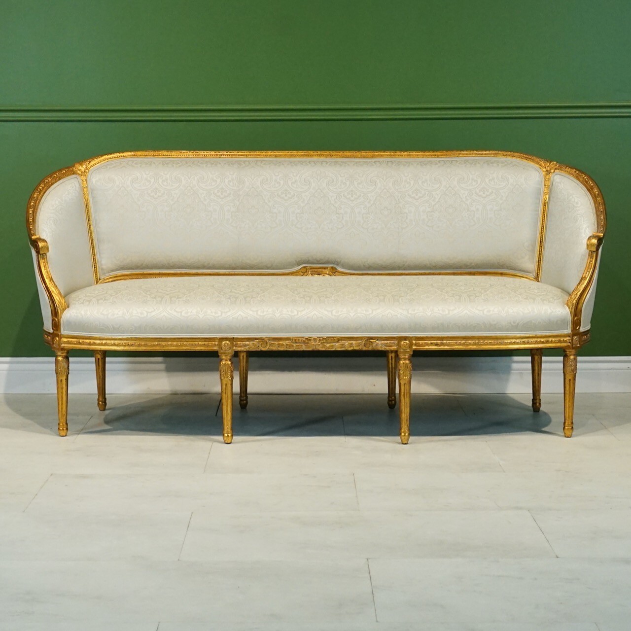 French Louis Sofa and 2 chairs antique gold leaf damask fabric