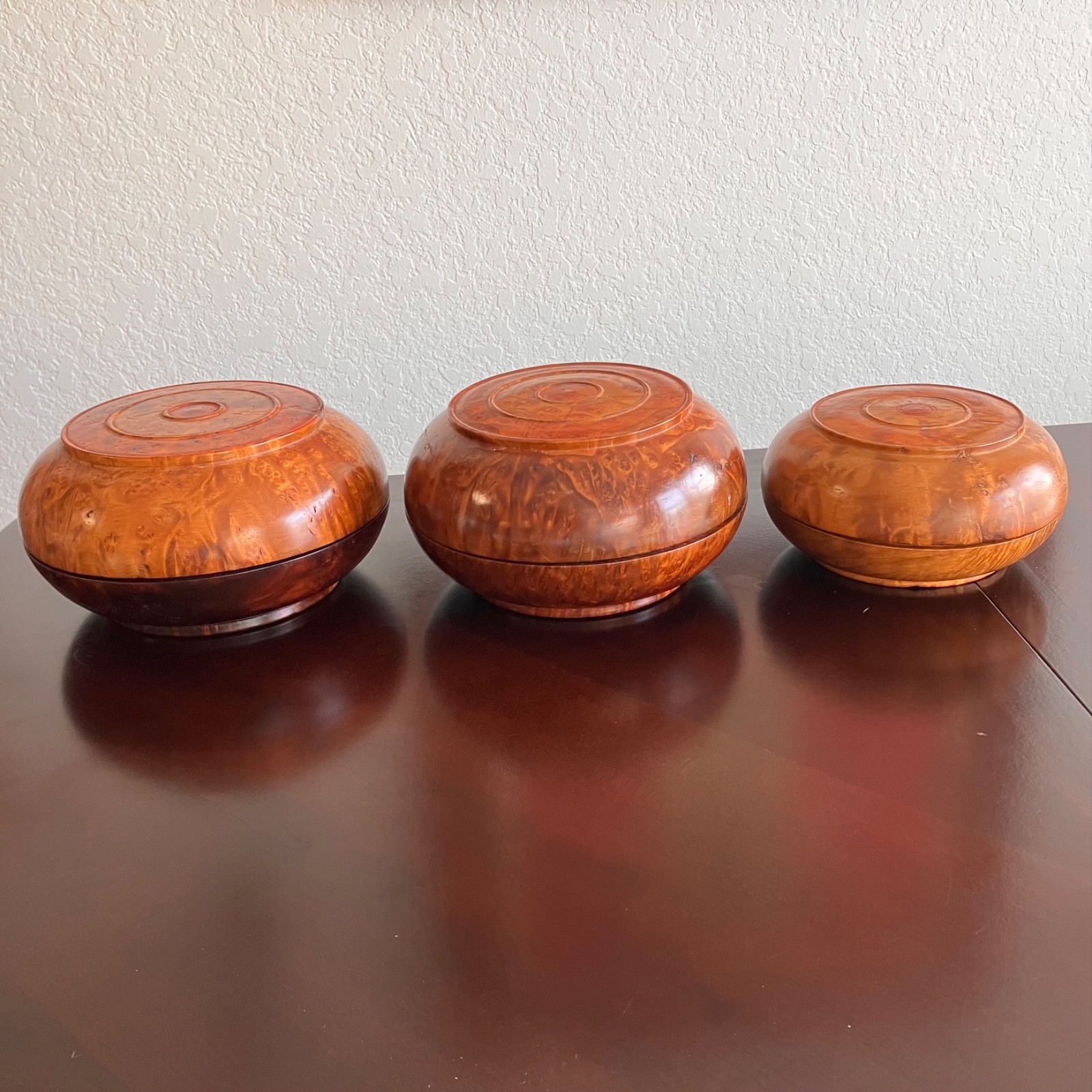 Vintage Chinese Asian Burl Wood Set of 3 Lidded Bowls Containers 7-8.25” W