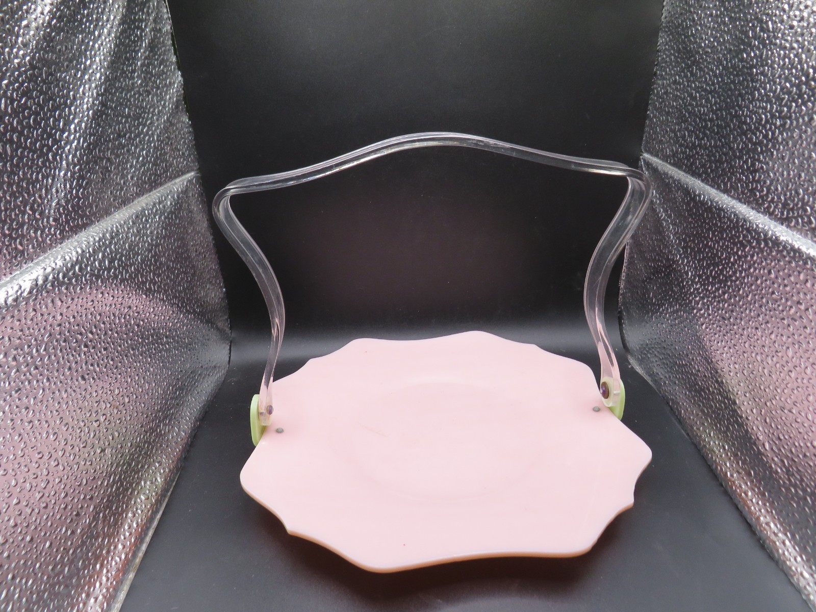 Art Deco Pink Lucite cake / sandwich plate with clear handle